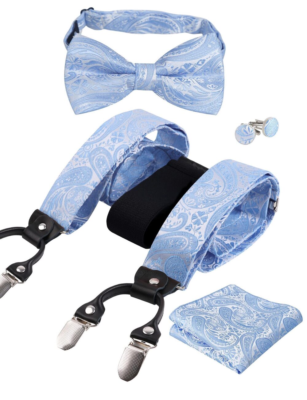 1148 Classic Paisley Suspender, Bow Tie, Hanky and Cufflinks Set Light Blue